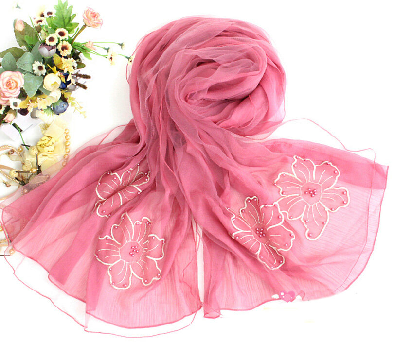 Free Floral Lace Scarf Shawls Women Winter Warm Chiffon Solid 198*70CM - Rose