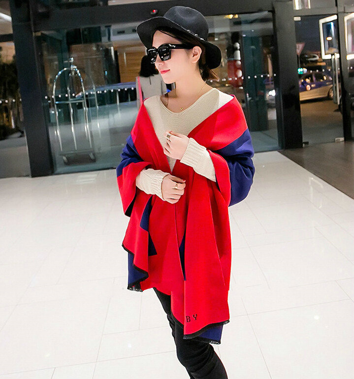 Free Fringe Scarves Wrap Women Winter Warm Cashmere Panties 195*65CM - Red Blue