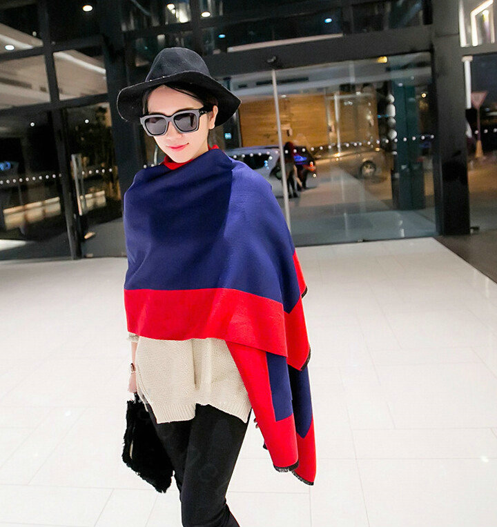 Free Fringe Scarves Wrap Women Winter Warm Cashmere Panties 195*65CM - Red Blue