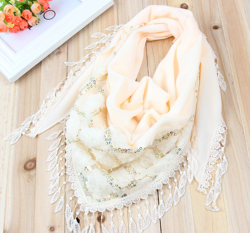 Fringed Lace Floral Scarf Shawls Women Winter Warm Velvet Panties 140*50CM - Beige