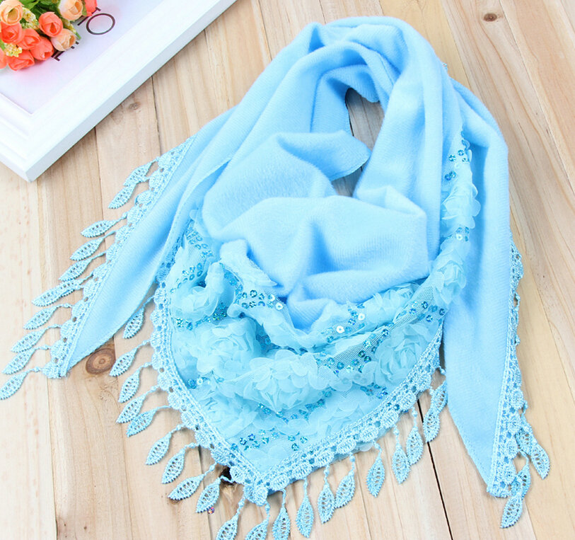 Fringed Lace Floral Scarf Shawls Women Winter Warm Velvet Panties 140*50CM - Blue