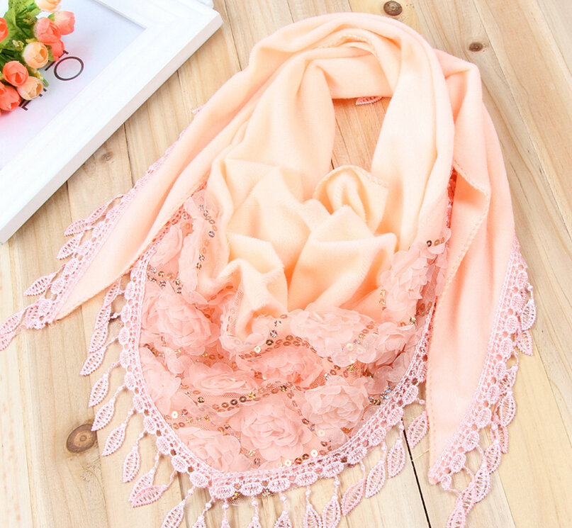 Fringed Lace Floral Scarf Shawls Women Winter Warm Velvet Panties 140*50CM - Orange
