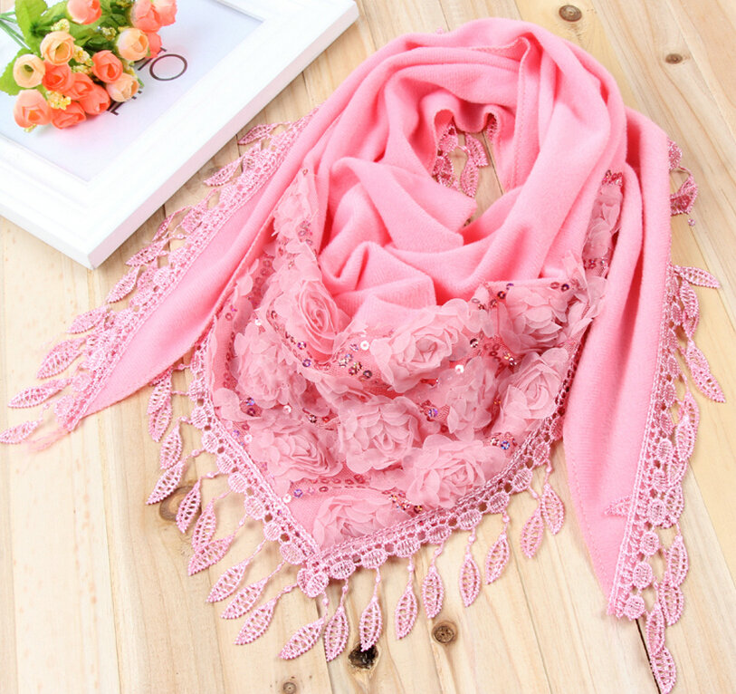 Fringed Lace Floral Scarf Shawls Women Winter Warm Velvet Panties 140*50CM - Peel Powder