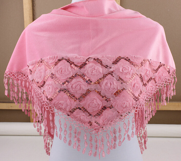 Fringed Lace Floral Scarf Shawls Women Winter Warm Velvet Panties 140*50CM - Pink