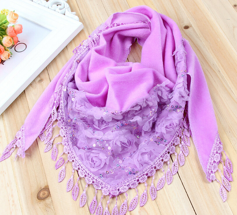 Fringed Lace Floral Scarf Shawls Women Winter Warm Velvet Panties 140*50CM - Purple