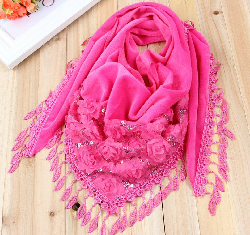 Fringed Lace Floral Scarf Shawls Women Winter Warm Velvet Panties 140*50CM - Rose
