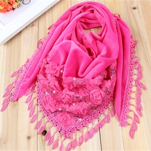 Fringed Lace Floral Scarf Shawls Women Winter Warm Velvet Panties 140*50CM - Rose