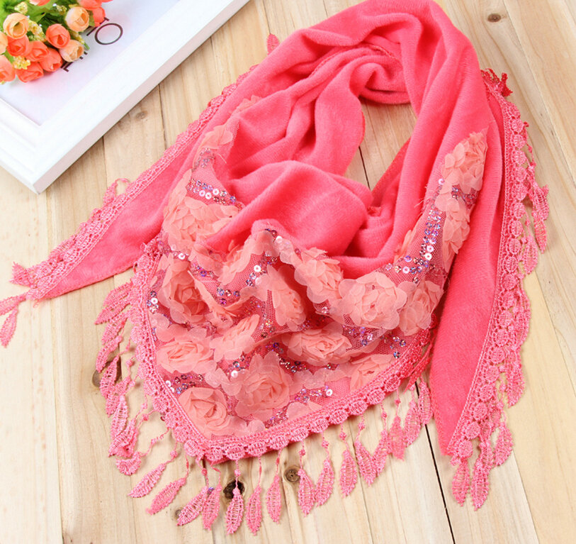 Fringed Lace Floral Scarf Shawls Women Winter Warm Velvet Panties 140*50CM - Watermelon Red