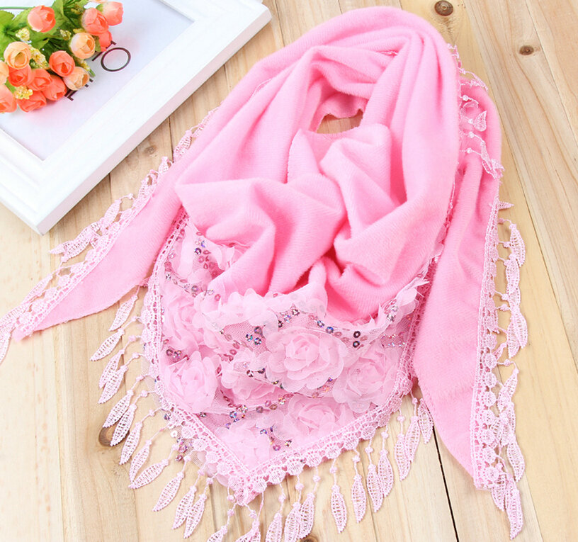 Fringed Lace Floral Scarf Shawls Women Winter Warm Velvet Solid 140*50CM - Pink