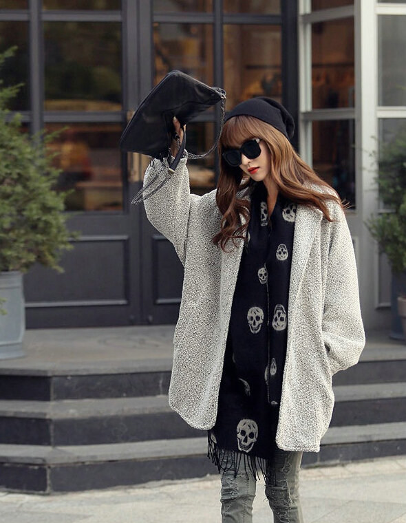 Fringed Skull Scarf Shawls Women Winter Warm Wool Panties 100*50CM - Black