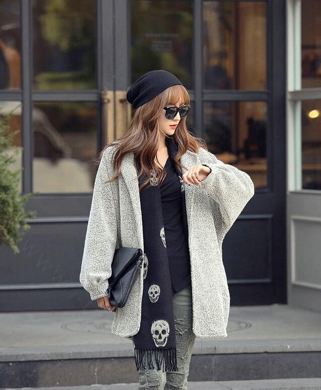 Fringed Skull Scarf Shawls Women Winter Warm Wool Panties 100*50CM - Black