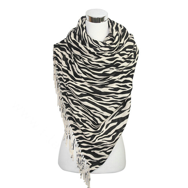 Fringed Zebra Print Scarves Wrap Women Winter Warm Cashmere 190*70CM - Black