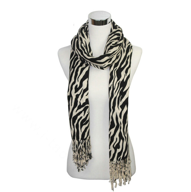 Fringed Zebra Print Scarves Wrap Women Winter Warm Cashmere 190*70CM - Black