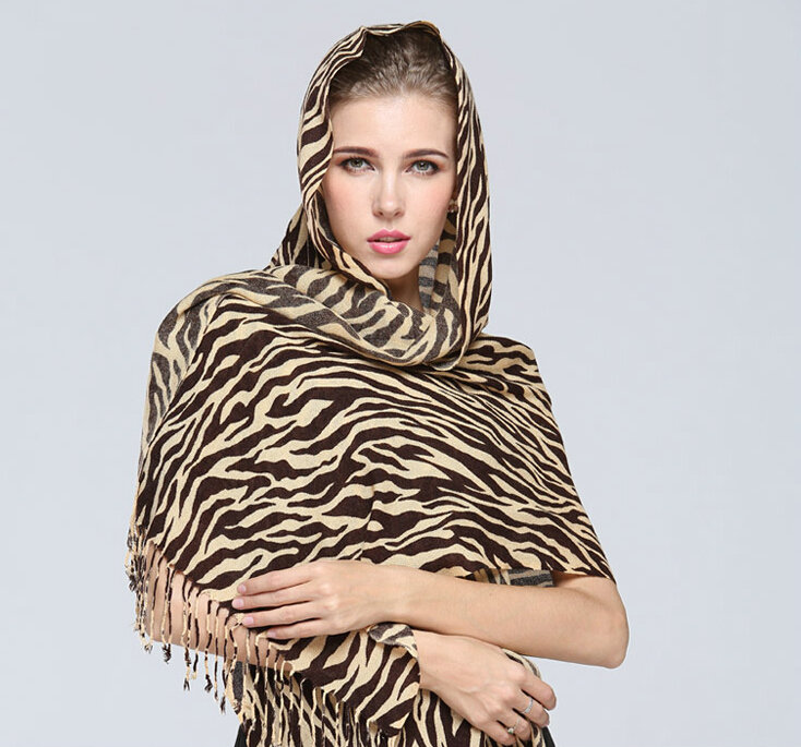 Fringed Zebra Print Scarves Wrap Women Winter Warm Cashmere 190*70CM - Brown
