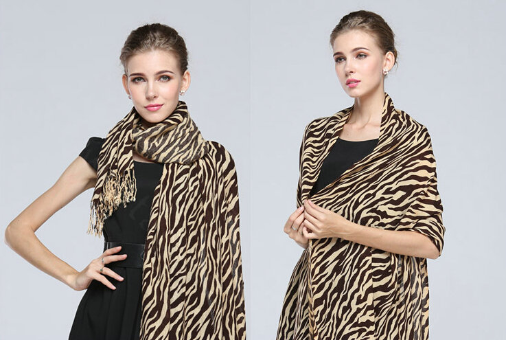 Fringed Zebra Print Scarves Wrap Women Winter Warm Cashmere 190*70CM - Brown