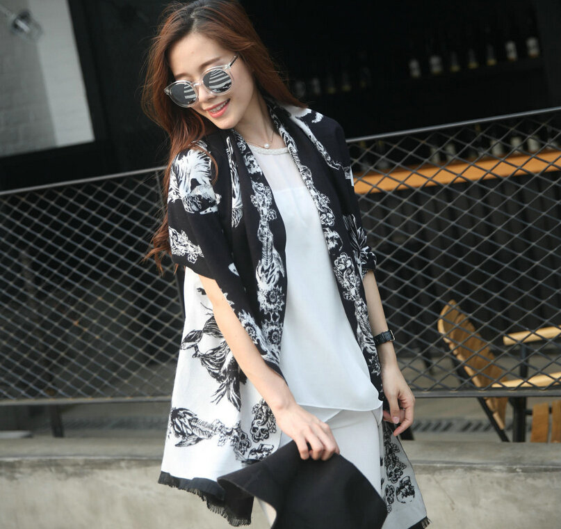 Funky Skull Scarves Wrap Women Winter Warm Cashmere Panties 200*60CM - Black