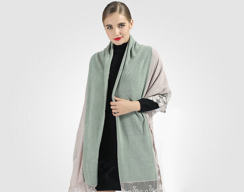 Good Floral Lace Scarves Wrap Women Winter Warm Polyester 210*65CM - Green Beige