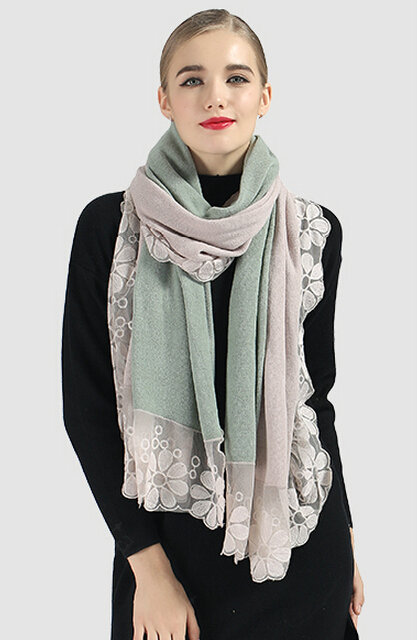 Good Floral Lace Scarves Wrap Women Winter Warm Polyester 210*65CM - Green Beige