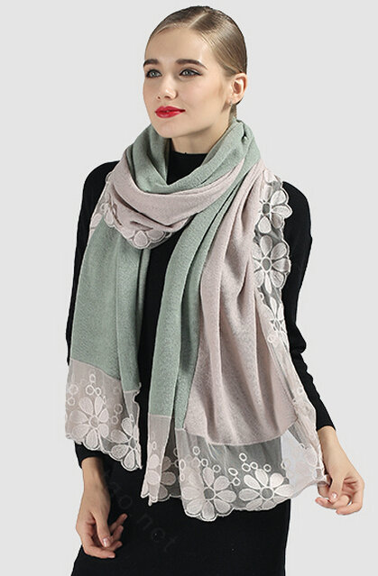 Good Floral Lace Scarves Wrap Women Winter Warm Polyester 210*65CM - Green Beige