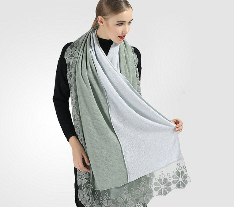 Good Floral Lace Scarves Wrap Women Winter Warm Polyester 210*65CM - Green Blue