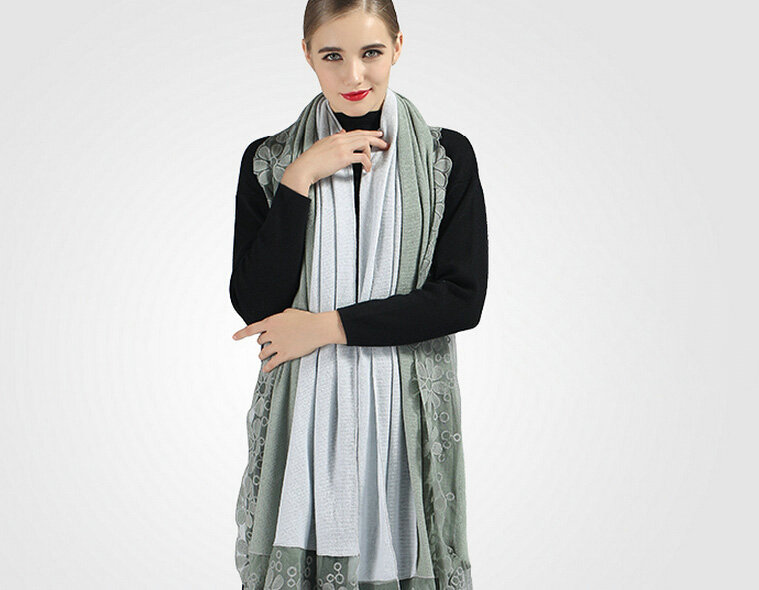 Good Floral Lace Scarves Wrap Women Winter Warm Polyester 210*65CM - Green Blue