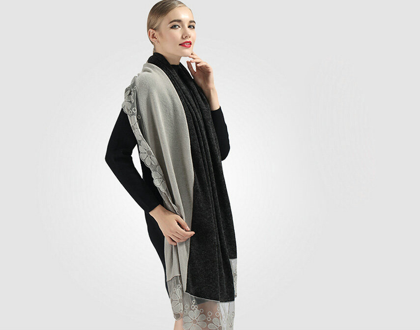 Good Floral Lace Scarves Wrap Women Winter Warm Polyester 210*65CM - Grey Black