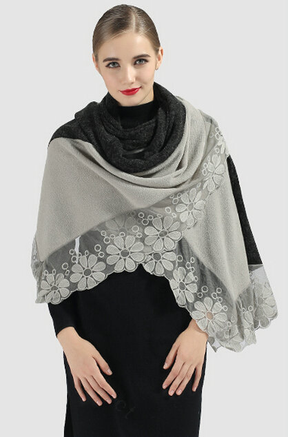 Good Floral Lace Scarves Wrap Women Winter Warm Polyester 210*65CM - Grey Black