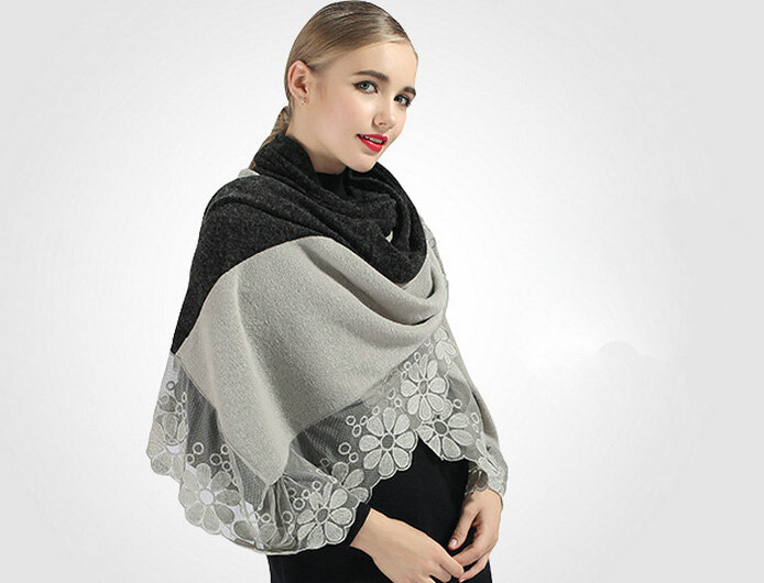 Good Floral Lace Scarves Wrap Women Winter Warm Polyester 210*65CM - Grey Black