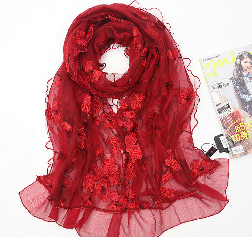 Good Floral Lace Women Scarf Shawls Winter Warm Polyester Scarves 195*56CM - Red