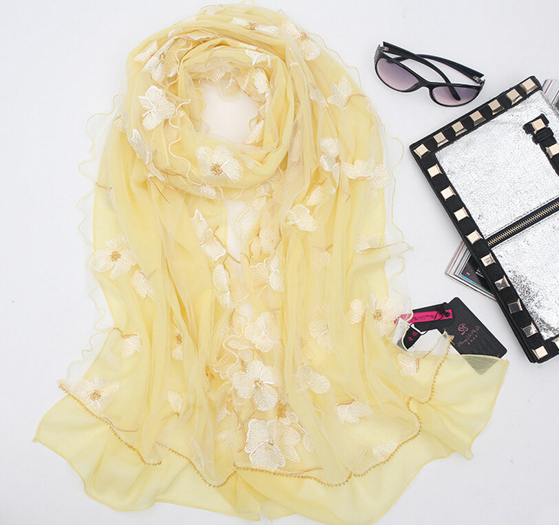Good Floral Lace Women Scarf Shawls Winter Warm Polyester Scarves 195*56CM - Yellow