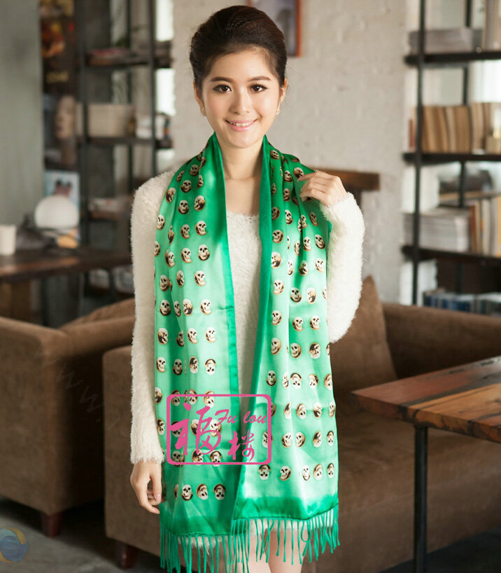 High Quality Fringed Skull Scarf Shawls Women Winter Warm Silk Panties 185*30CM - Green