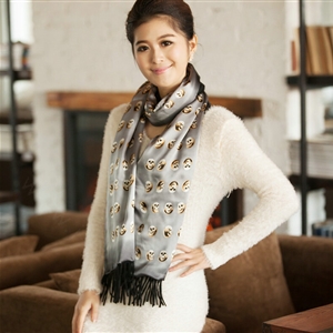 High Quality Fringed Skull Scarf Shawls Women Winter Warm Silk Panties 185*30CM - Grey