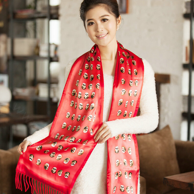 High Quality Fringed Skull Scarf Shawls Women Winter Warm Silk Panties 185*30CM - Red
