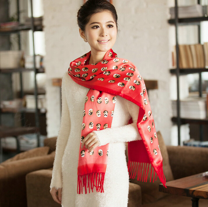 High Quality Fringed Skull Scarf Shawls Women Winter Warm Silk Panties 185*30CM - Red