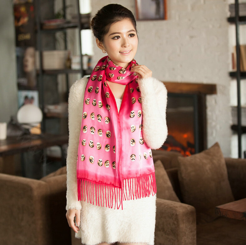 High Quality Fringed Skull Scarf Shawls Women Winter Warm Silk Panties 185*30CM - Rose