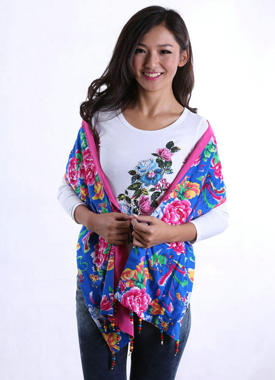 National Style Print Beaded Scarf Scarves For Women Winter Warm Cotton 190*31CM - Blue