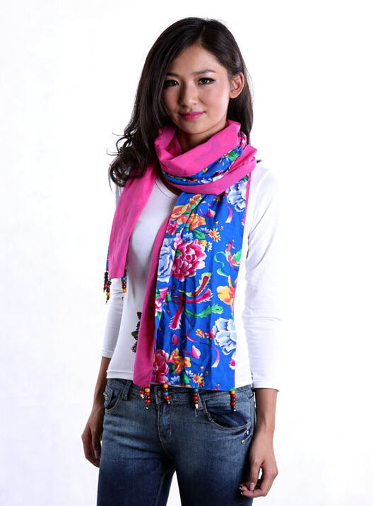 National Style Print Beaded Scarf Scarves For Women Winter Warm Cotton 190*31CM - Blue