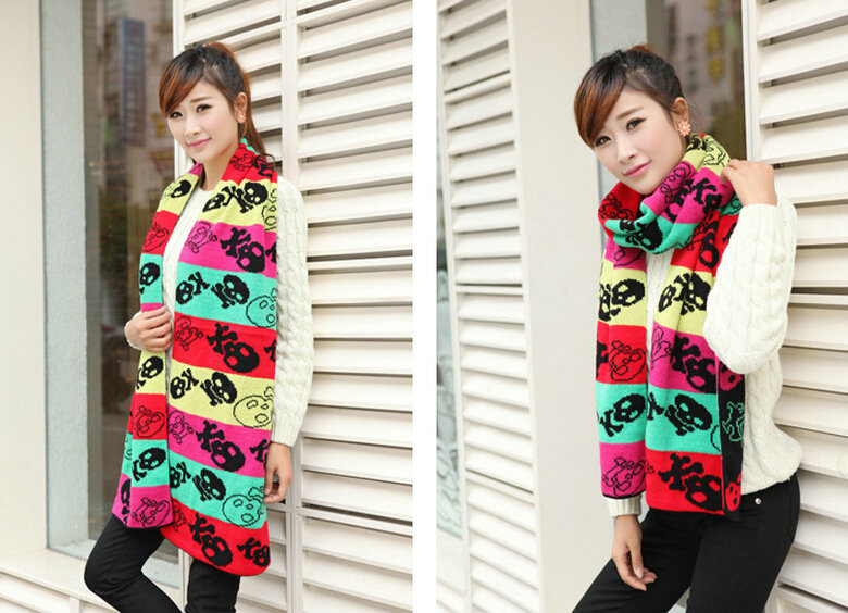 Nice Fringe Skull Scarf Shawls Women Winter Warm Wool Panties 190*32CM - Black