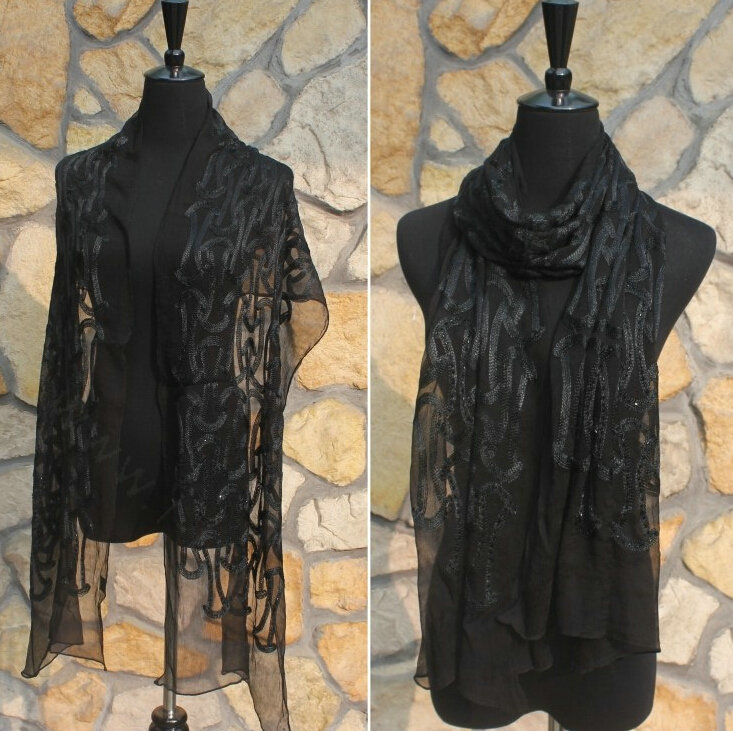 Paillette Embroidered Beaded Scarves Wrap Women Winter Warm Silk 200*50CM - Black