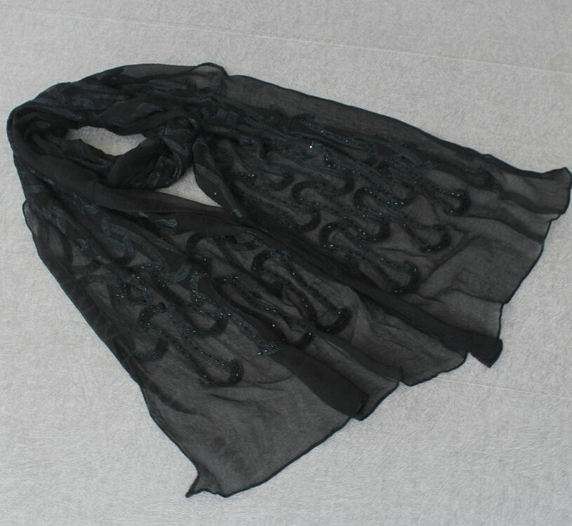 Paillette Embroidered Beaded Scarves Wrap Women Winter Warm Silk 200*50CM - Black