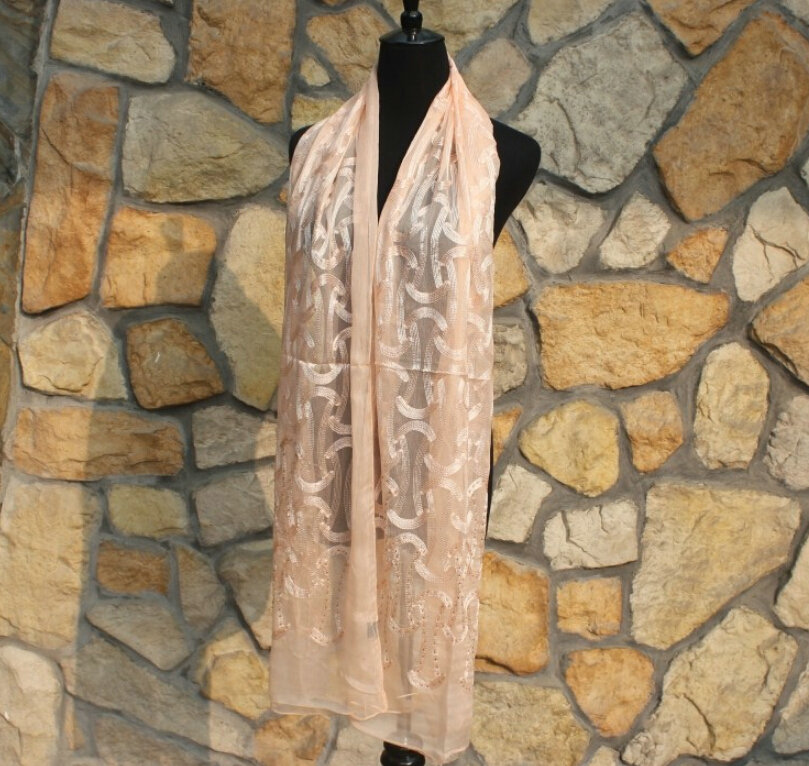 Paillette Embroidered Beaded Scarves Wrap Women Winter Warm Silk 200*50CM - Orange