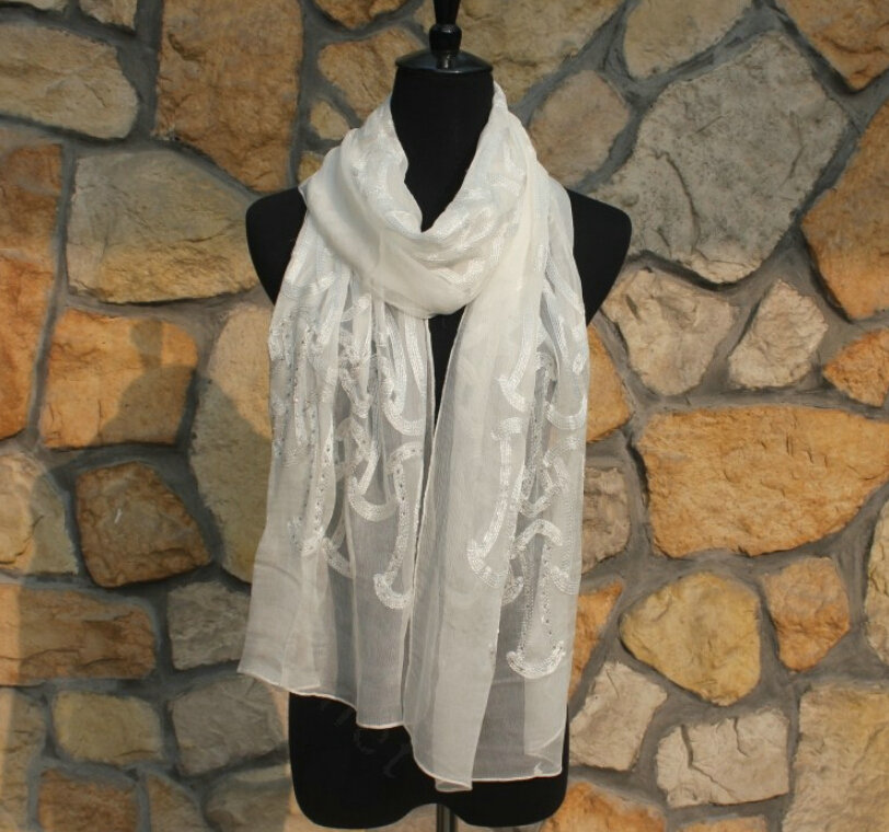Paillette Embroidered Beaded Scarves Wrap Women Winter Warm Silk 200*50CM - White