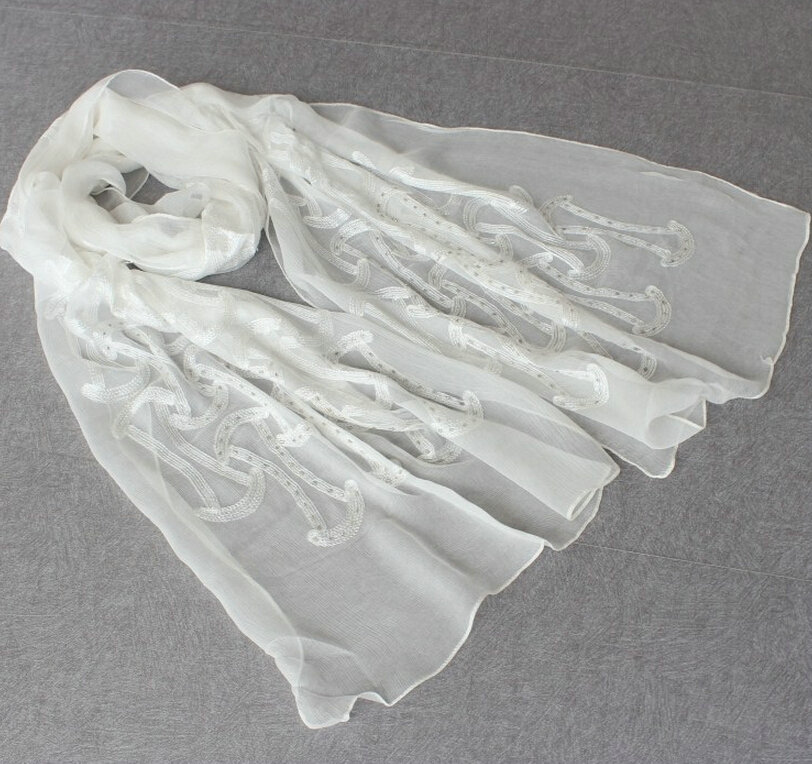Paillette Embroidered Beaded Scarves Wrap Women Winter Warm Silk 200*50CM - White