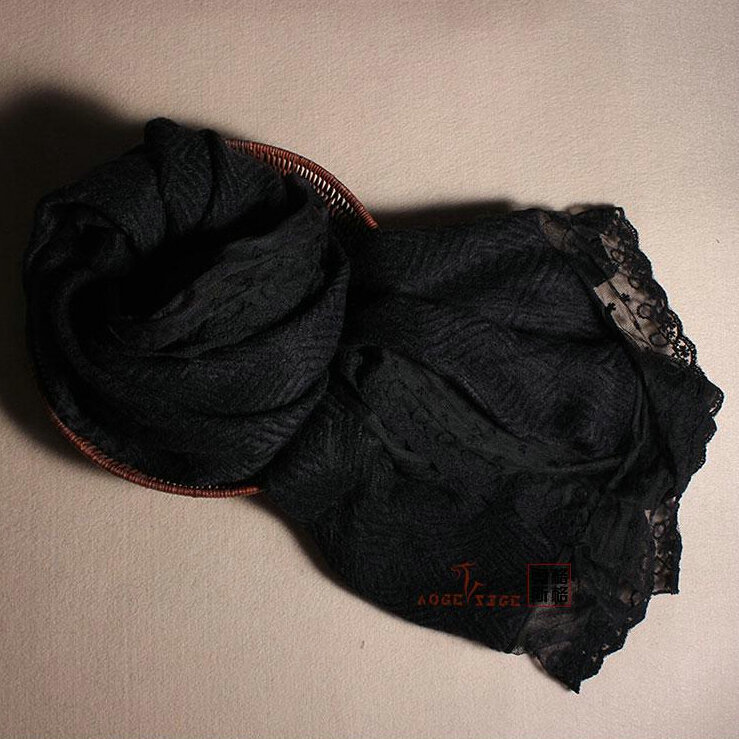 Popular Lace Scarf Shawls Women Winter Warm Wool Panties 180*90CM - Black