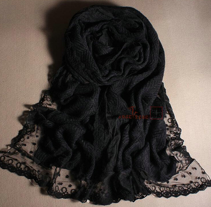 Popular Lace Scarf Shawls Women Winter Warm Wool Panties 180*90CM - Black