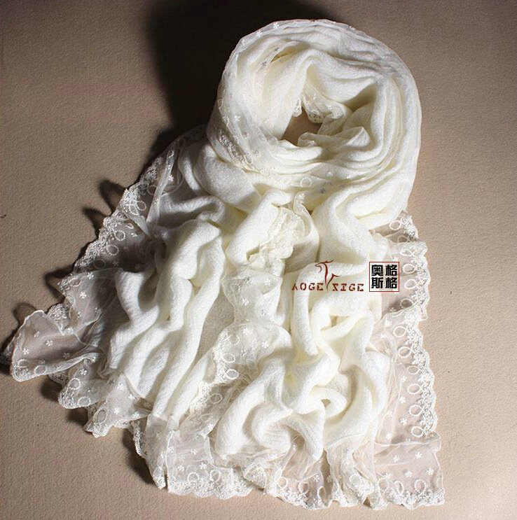 Popular Lace Scarf Shawls Women Winter Warm Wool Panties 180*90CM - White