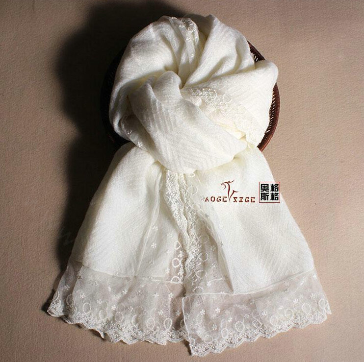 Popular Lace Scarf Shawls Women Winter Warm Wool Panties 180*90CM - White