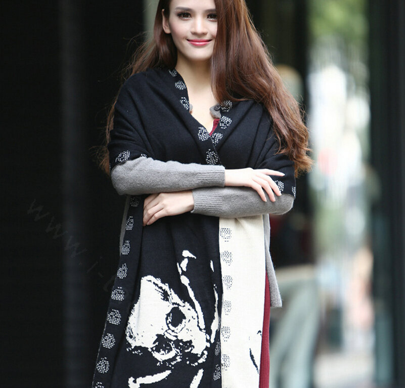 Popular Skull Scarf Shawls Women Winter Warm Wool Panties 180*70CM - Black