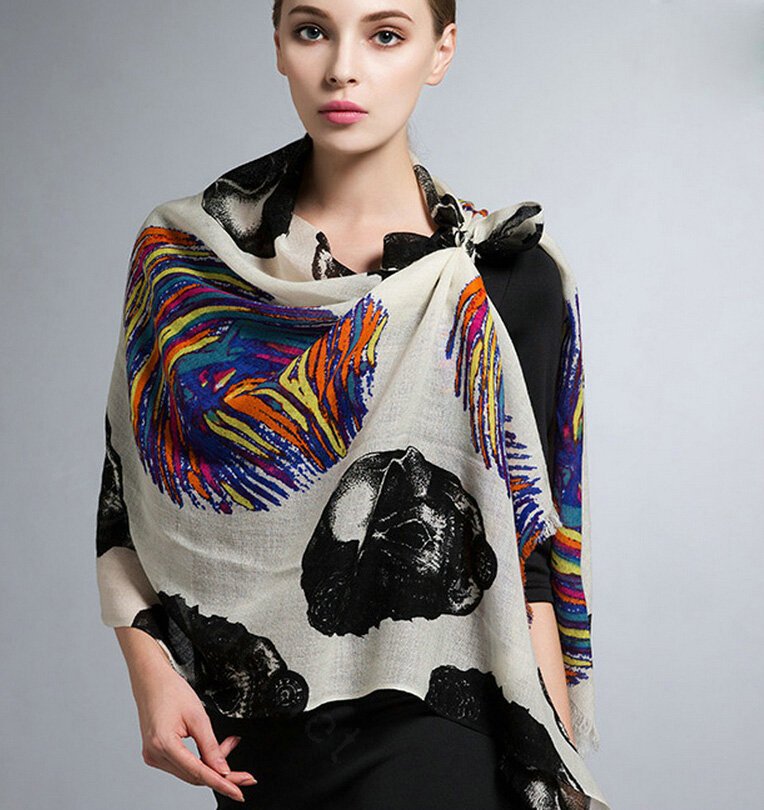 Popular Skull Scarves Wraps Women Winter Warm Wool Panties 185*65CM - Black