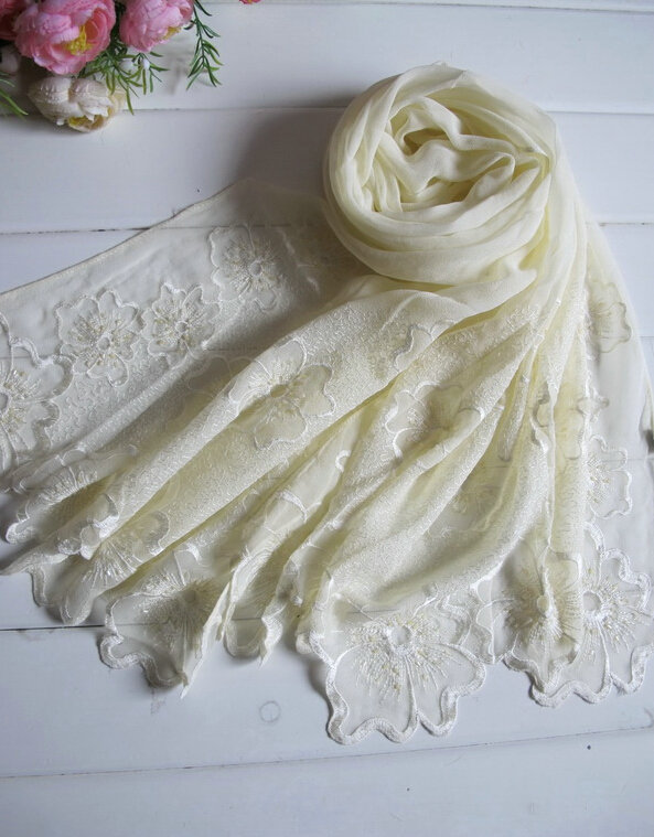 Pretty Embroidered Floral Beaded Scarves Wrap Women Winter Warm Silk 200*50CM - Beige